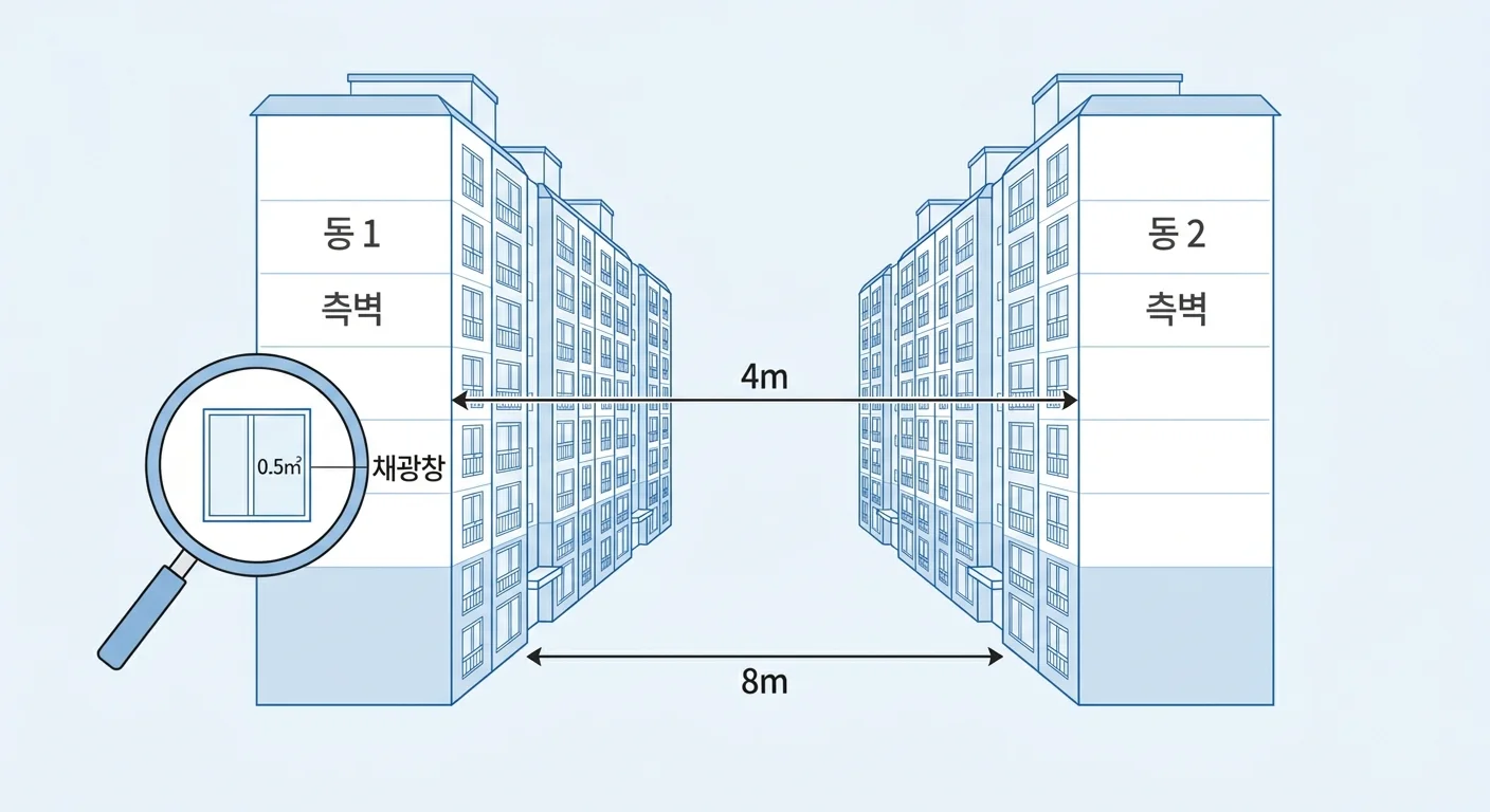 공동주택 측벽 사이 거리 측정 개념도 - 건축 도면과 측정 도구