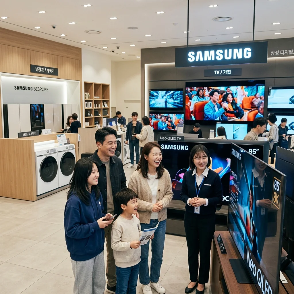 삼성스토어에서 가전제품 구경하는 가족 모습