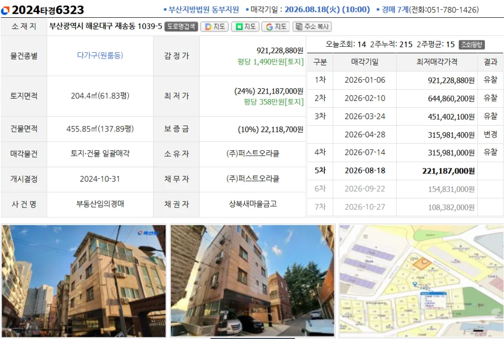 부산 해운대 경매! 재송동 다가구주택 2024타경6323 : 감정가 9.2억→24% 2.2억 역세권 2 해운대 경매