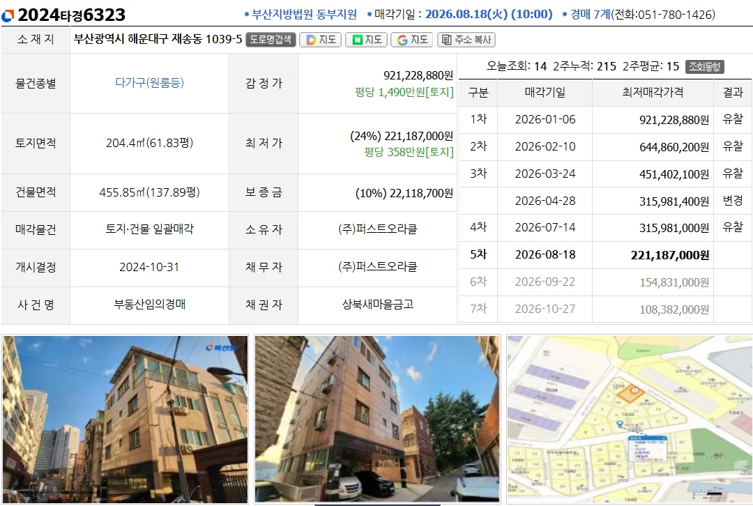 부산 해운대 경매! 재송동 다가구주택 2024타경6323 : 감정가 9.2억→24% 2.2억 역세권 1 해운대 경매